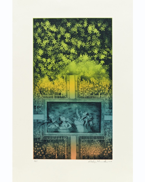 Shahzia Sikander “Disruption as Rapture” (2024) Photogravure and relief print 21 x 14 inches Edition of 35