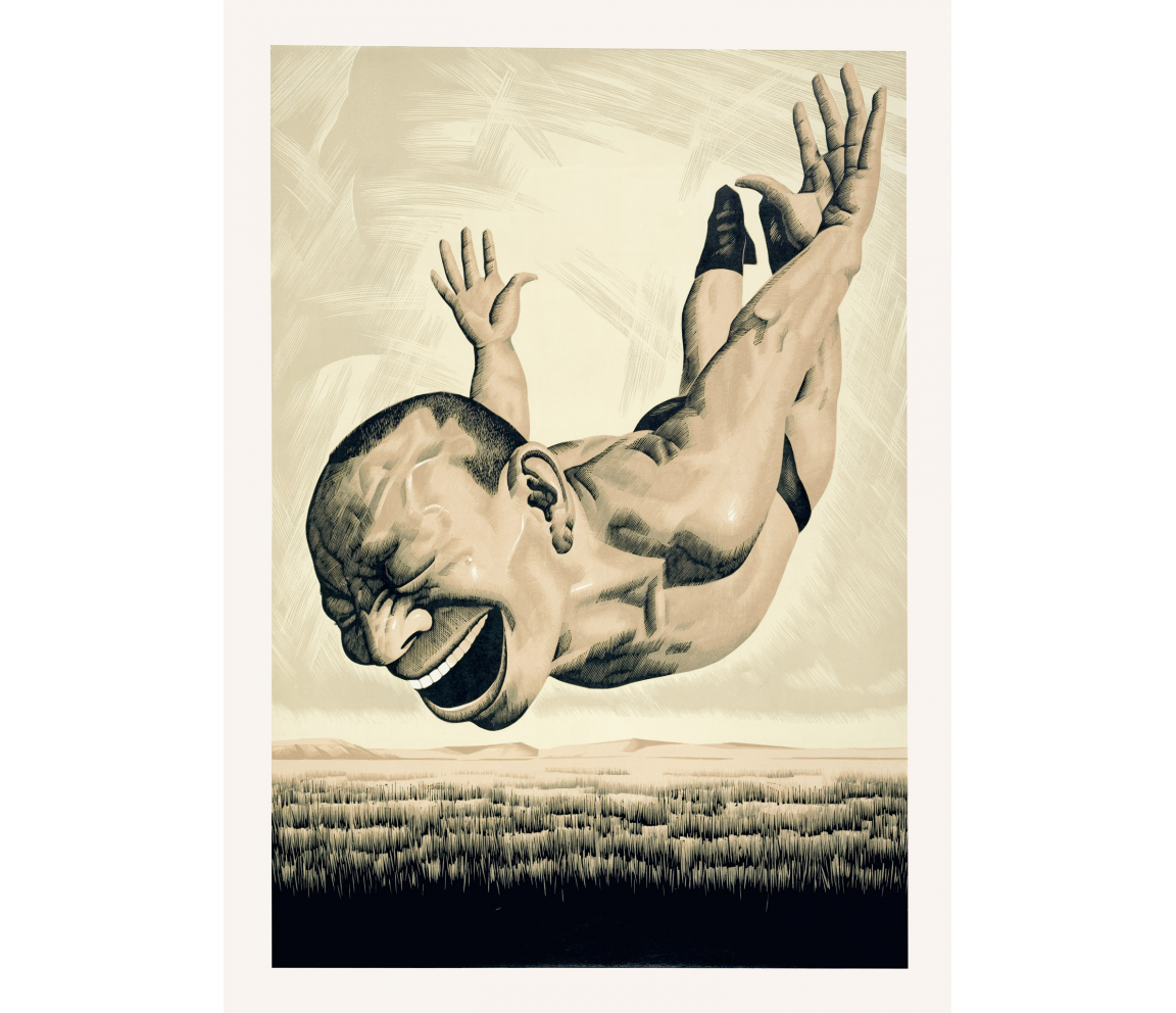 "The Grassland Series Woodcut 1 (Diving Figure)" (2008) by Yue Minjun