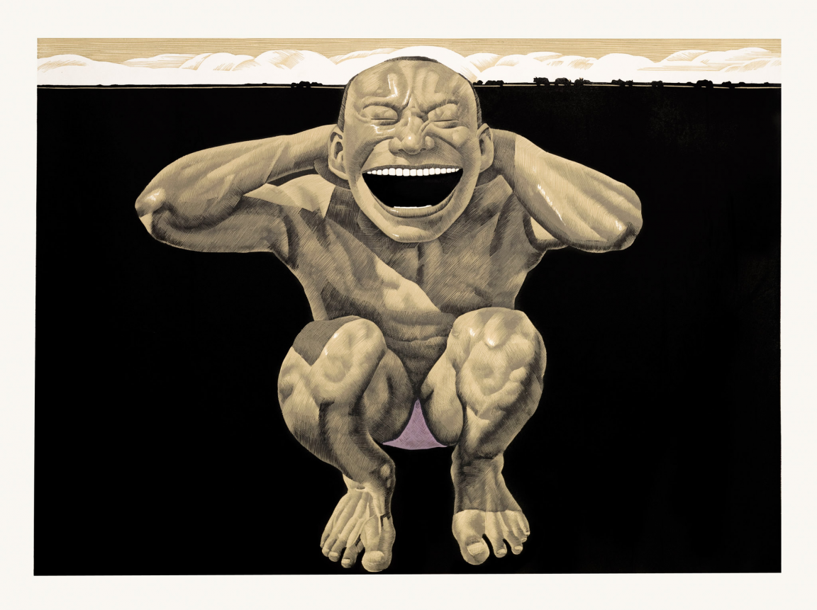 "The Grassland Series Woodcut 2 (Crouching Man)" (2008) by Yue Minjun