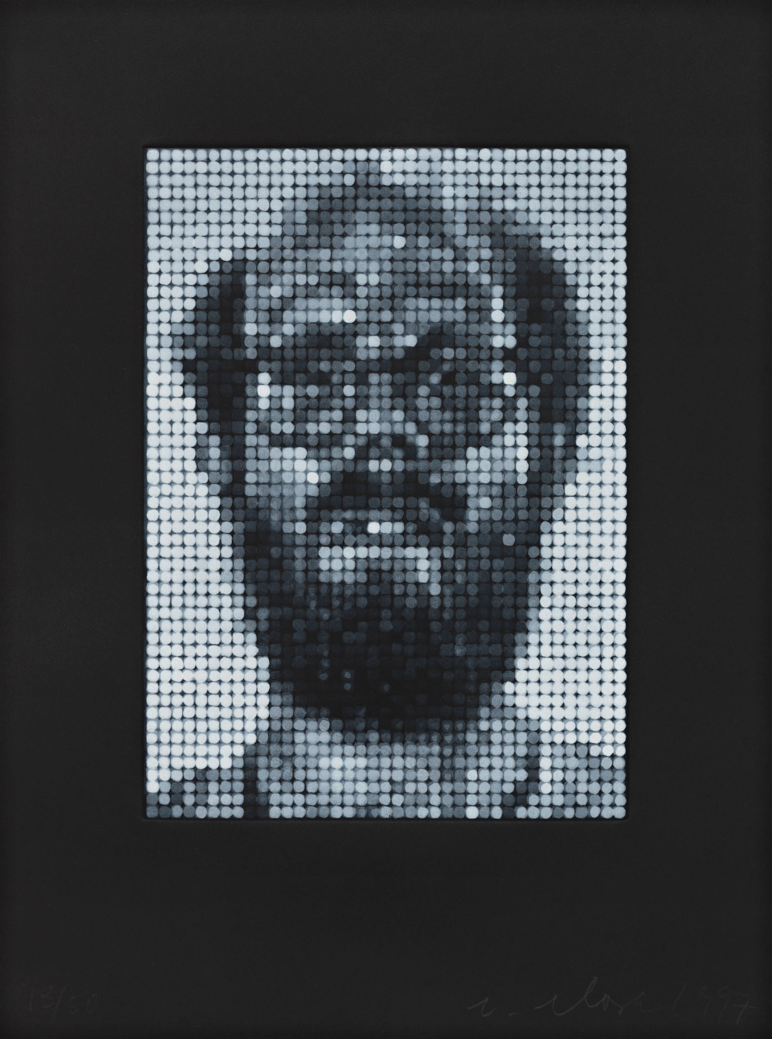 Example of spitbite aquatint: Chuck Close "Self Portrait/Spitbite/White on Black"