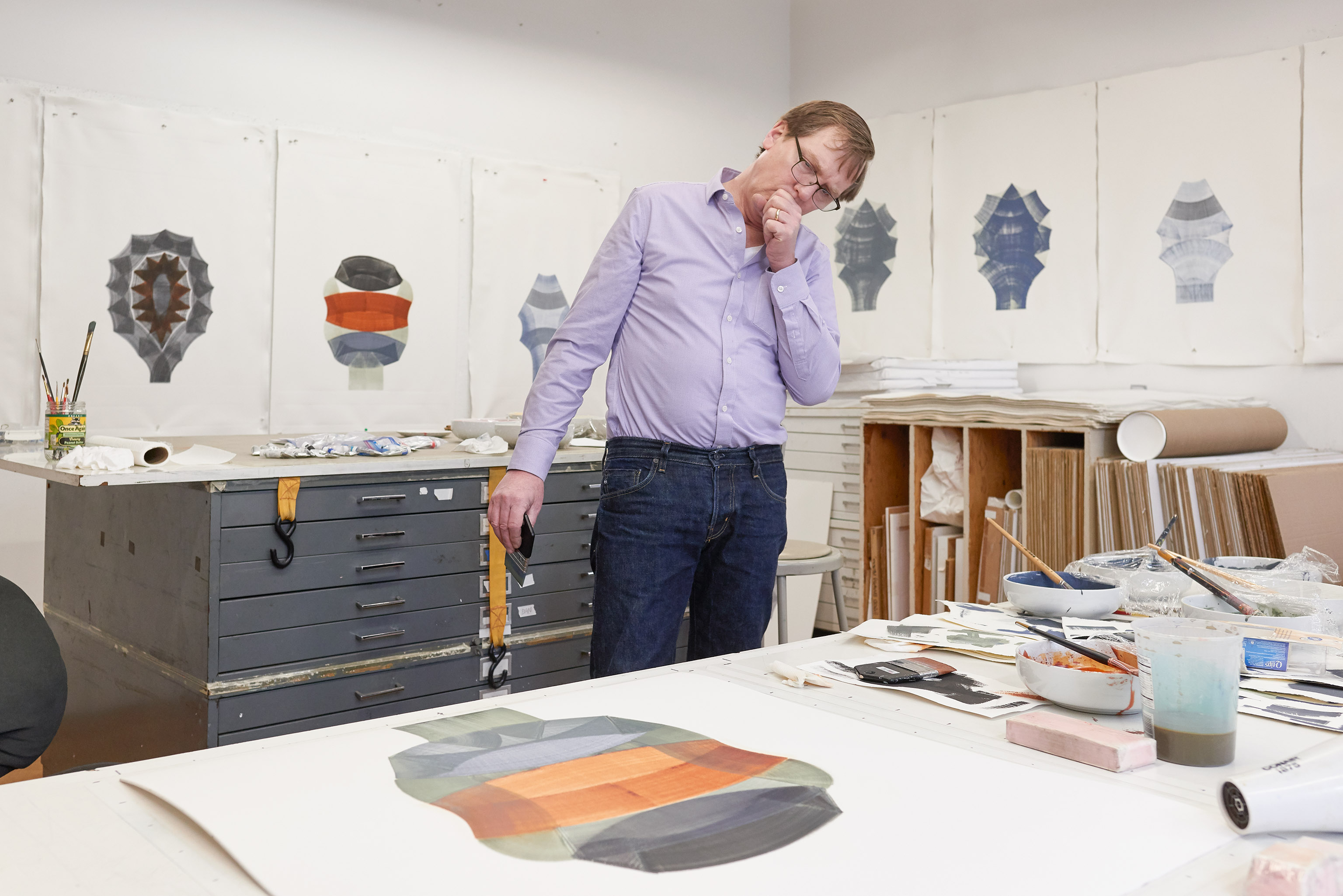 Dan Walsh at work on his "Figures" series of monotypes, 2019