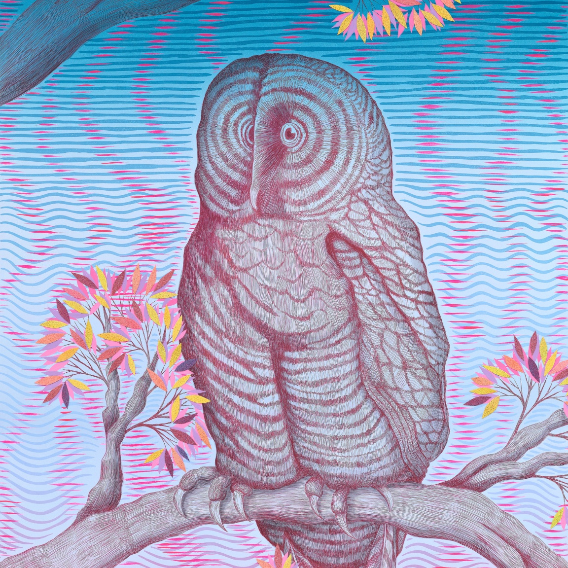 Detail of "Spring Owl at Dusk" (2024) by Andrew Schoultz