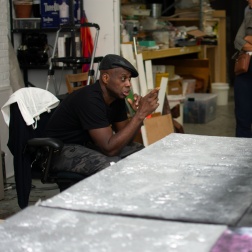 Leonardo Drew working at Pace Paper in Gowanus, Brooklyn. 
