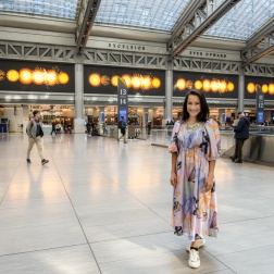 Shahzia Sikander with "The Singing Suns" at Moynihan Train Hall, New York. (Photo courtesy of Amtrak.)
