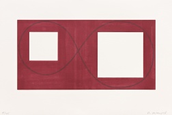 "Two Open Squares within a Red Area" (2017) by Robert Mangold