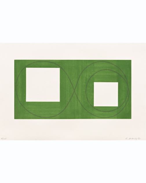 "Two Open Squares within a Green Area" (2017) by Robert Mangold