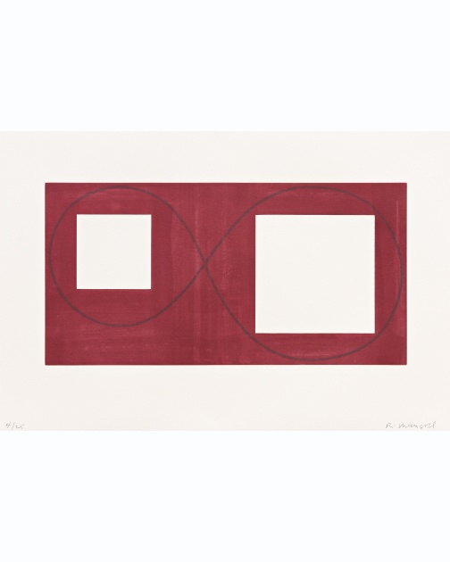 "Two Open Squares within a Red Area" (2017) by Robert Mangold