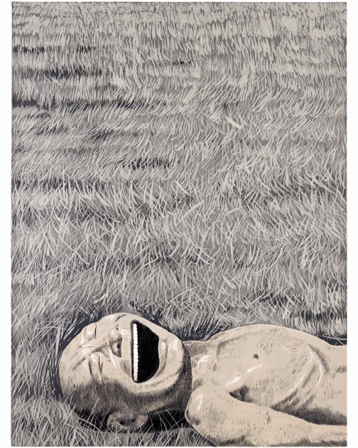 "The Grassland Series Screenprint 3 (Lying Head Laughing)" (2008) by Yue Minjun