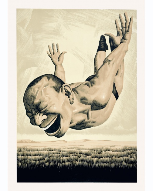 "The Grassland Series Woodcut 1 (Diving Figure)" (2008) by Yue Minjun
