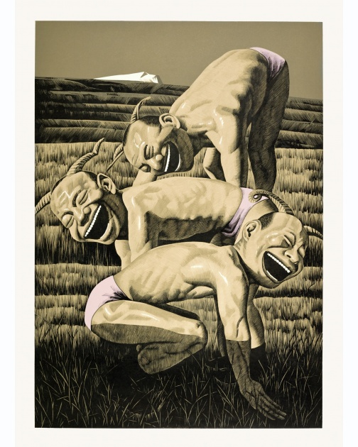 "The Grassland Series Woodcut 3 (Three Figures)" (2008) by Yue Minjun