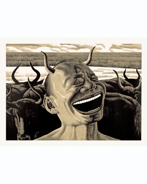 "The Grassland Series Woodcut 4 (Laughing Horns)" (2008) by Yue Minjun