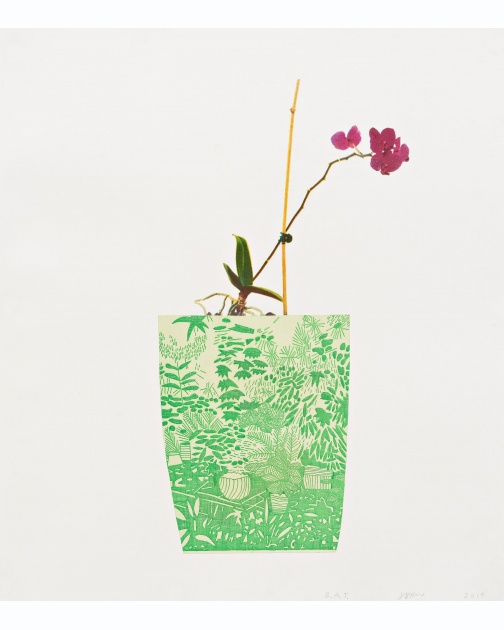 "Three Landscape Pots: Orchid" (2019) by Jonas Wood