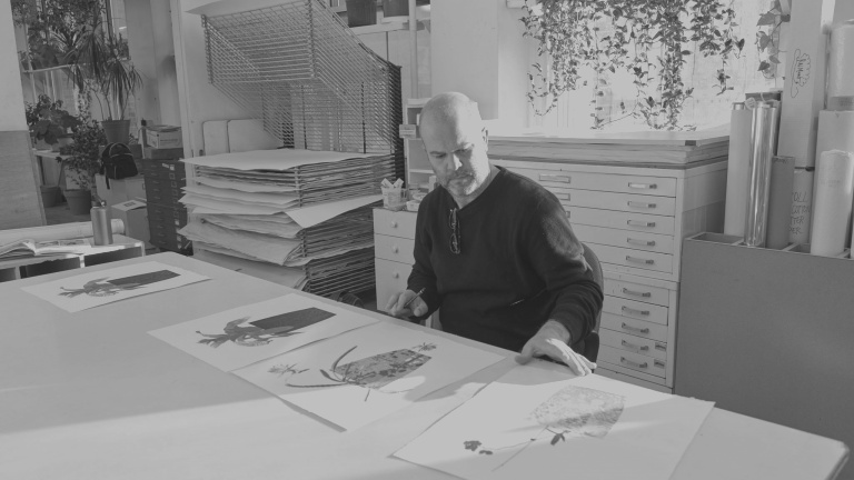 Jonas Wood at the Pace Editions printshop.