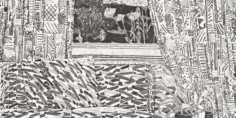 Detail of "Pattern Couch Interior with Mar Vista View" (2020) by Jonas Wood