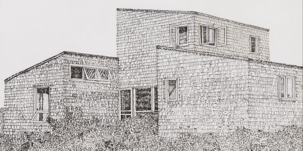 Detail of "C.M.Z. House on M.V. with Ptolemy" (2021) by Jonas Wood