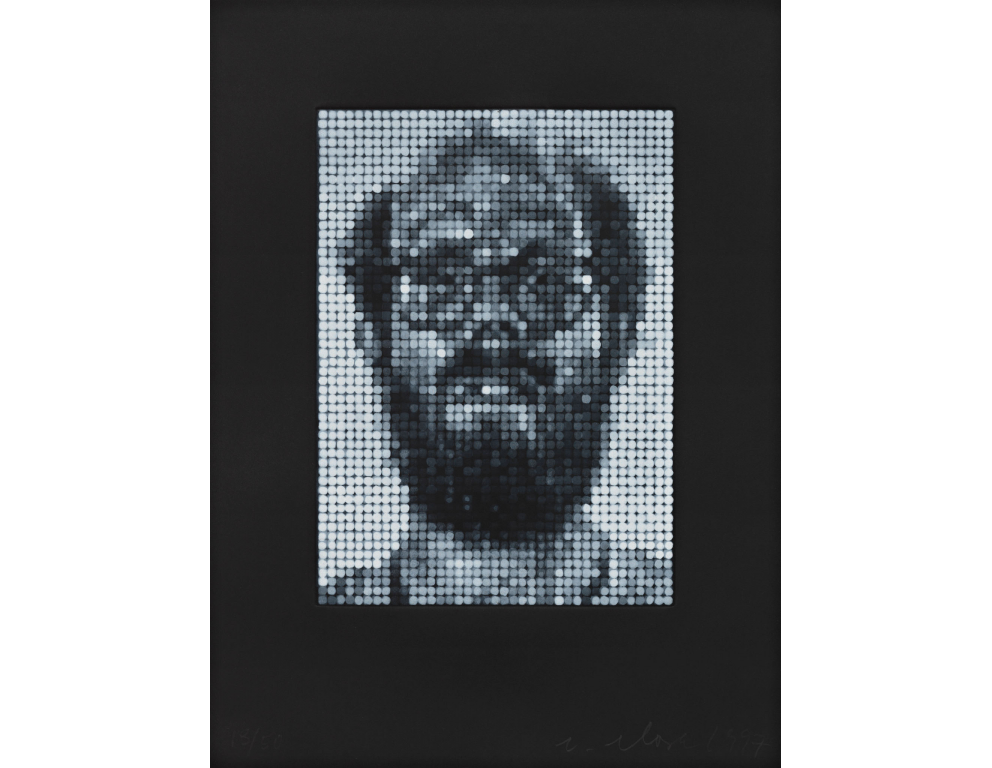 Example of spitbite aquatint: Chuck Close "Self Portrait/Spitbite/White on Black"