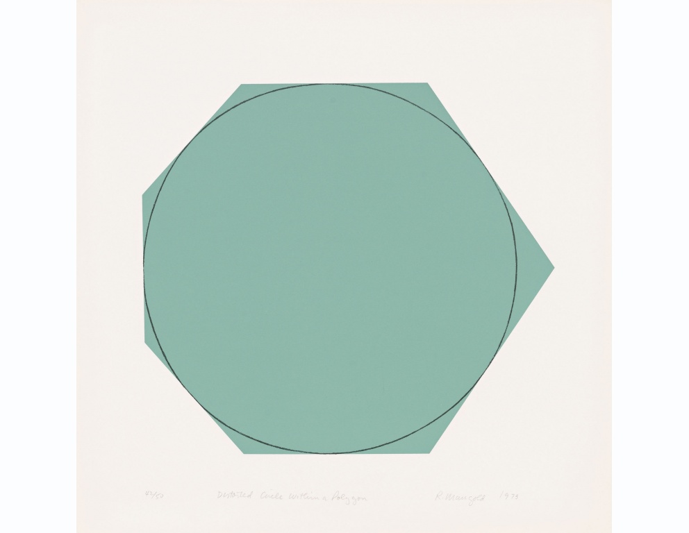 "Distorted Circle Within A Polygon (Green)" (1973) by Robert Mangold